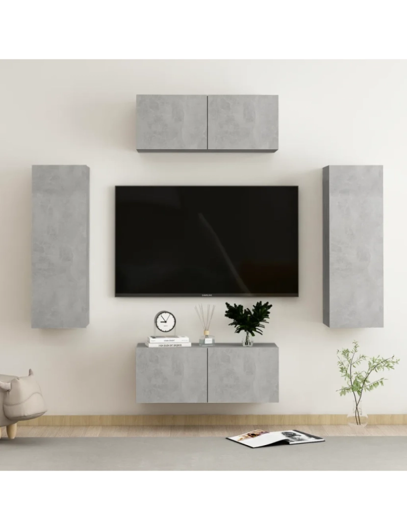 imagem de 4 pcs conjunto de móveis de TV，Mobiliário TV de Salon，Combinação Móvel TV contraplacado cinzento cimento CFW1475621