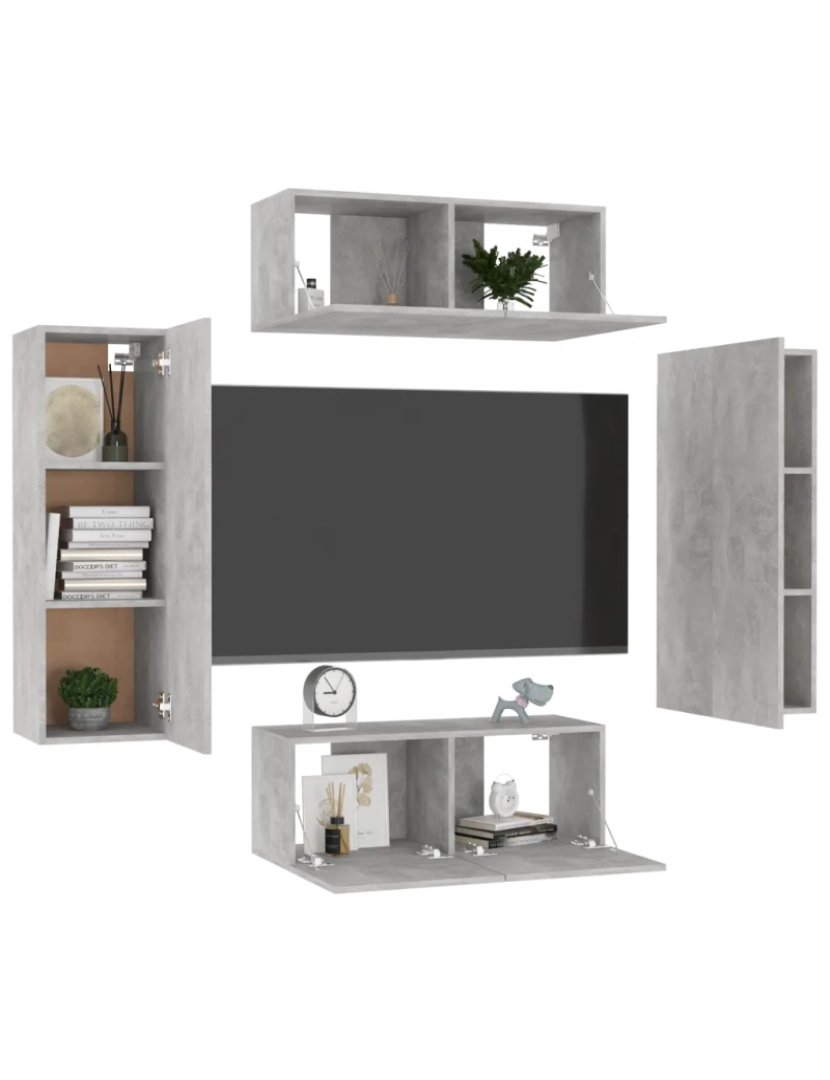 imagem de 4 pcs conjunto de móveis de TV，Mobiliário TV de Salon，Combinação Móvel TV contraplacado cinzento cimento CFW1475623