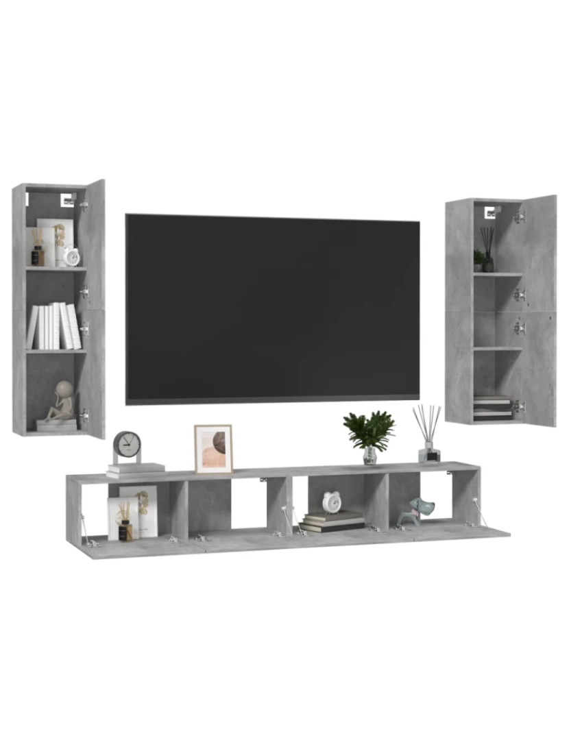 imagem de 4 pcs conjunto de móveis de TV，Mobiliário TV de Salon，Combinação Móvel TV contraplacado cinzento cimento CFW7440133