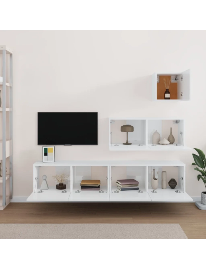 imagem de 4 pcs conjunto móveis de TV，Mobiliário TV de Salon，Combinação Móvel TV madeira processada branco brilhante CFW7849293