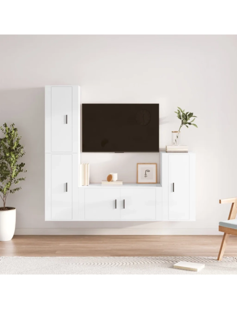 imagem de 4 pcs conjunto móveis de TV，Mobiliário TV de Salon，Combinação Móvel TV madeira processada branco brilhante CFW8621751
