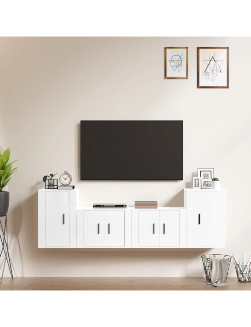 imagem de 4 pcs conjunto móveis de TV，Mobiliário TV de Salon，Combinação Móvel TV madeira processada branco brilhante CFW8462751