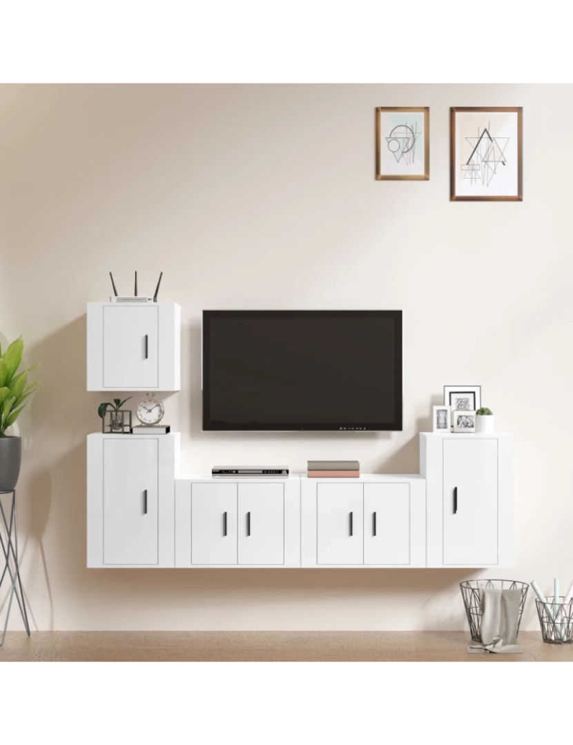 imagem de 5 pcs conjunto móveis de TV，Mobiliário TV de Salon，Combinação Móvel TV madeira processada branco brilhante CFW4191421