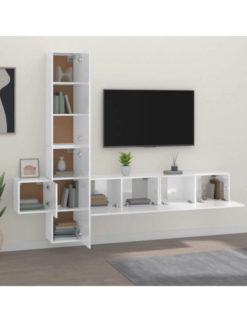 imagem de 5 pcs conjunto móveis de TV，Mobiliário TV de Salon，Combinação Móvel TV madeira processada branco brilhante CFW7626823