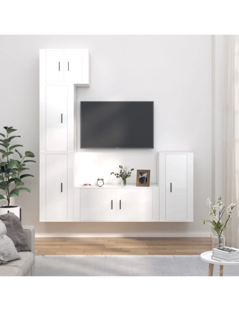 imagem de 5 pcs conjunto móveis de TV，Mobiliário TV de Salon，Combinação Móvel TV madeira processada branco brilhante CFW1599681