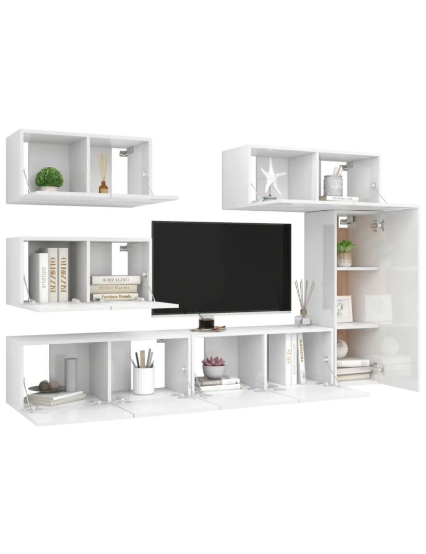 imagem de 6 pcs conjunto de móveis de TV，Mobiliário TV de Salon，Combinação Móvel TV contraplacado branco brilhante CFW2504723