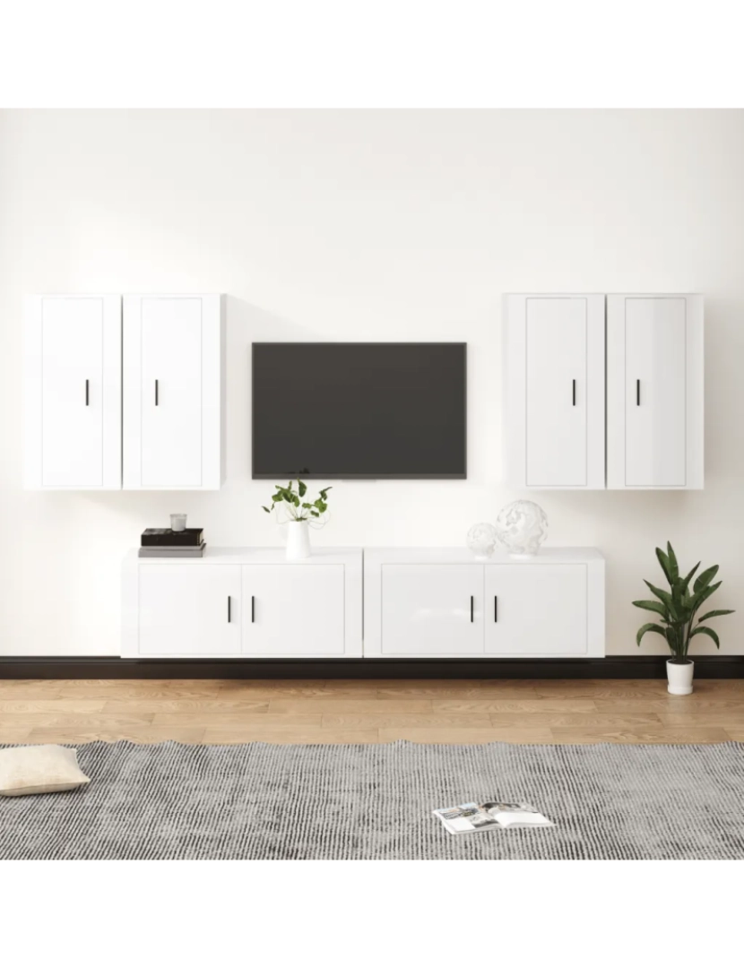 imagem de 6 pcs conjunto móveis de TV，Mobiliário TV de Salon，Combinação Móvel TV madeira processada branco brilhante CFW2829891