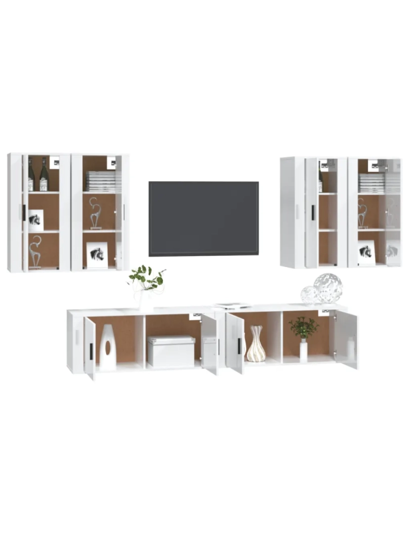 imagem de 6 pcs conjunto móveis de TV，Mobiliário TV de Salon，Combinação Móvel TV madeira processada branco brilhante CFW2829893
