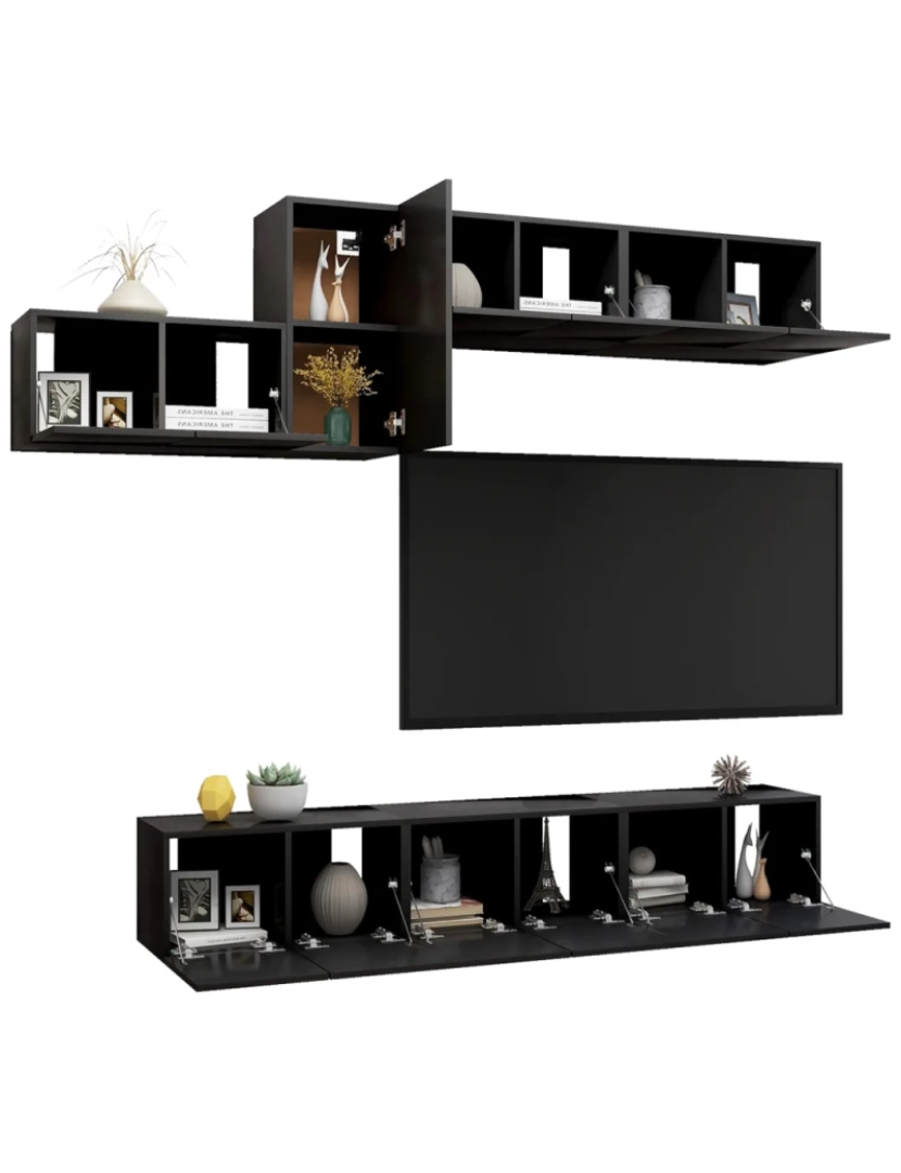 imagem de 7 pcs conjunto de móveis de TV，Mobiliário TV de Salon，Combinação Móvel TV contraplacado preto CFW6811773