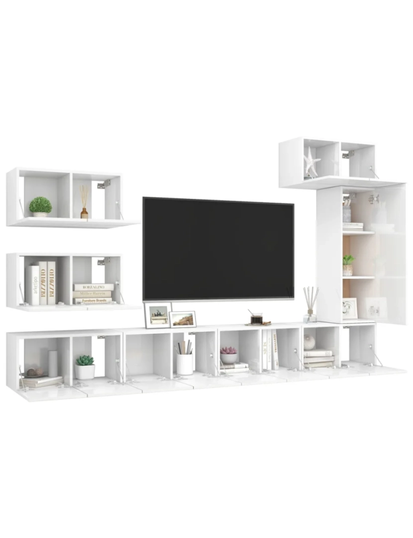 imagem de 8 pcs conjunto de móveis de TV，Mobiliário TV de Salon，Combinação Móvel TV contraplacado branco brilhante CFW7642023