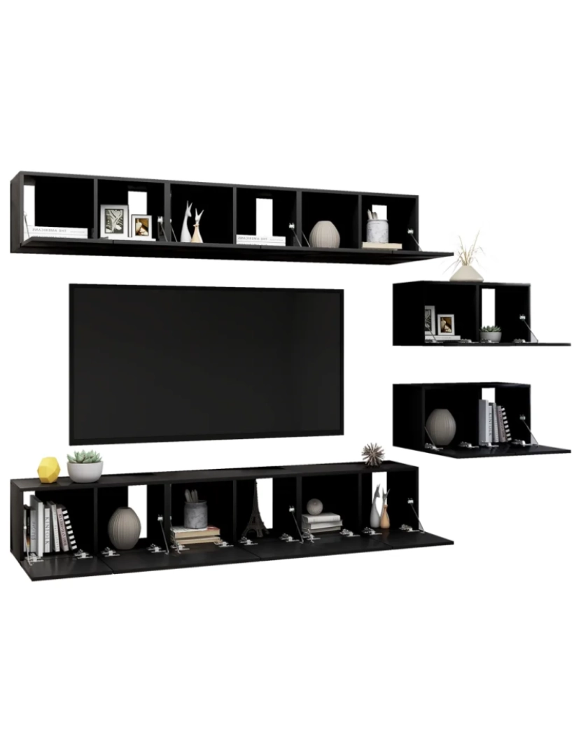 imagem de 8 pcs conjunto de móveis de TV，Mobiliário TV de Salon，Combinação Móvel TV contraplacado preto CFW7964743