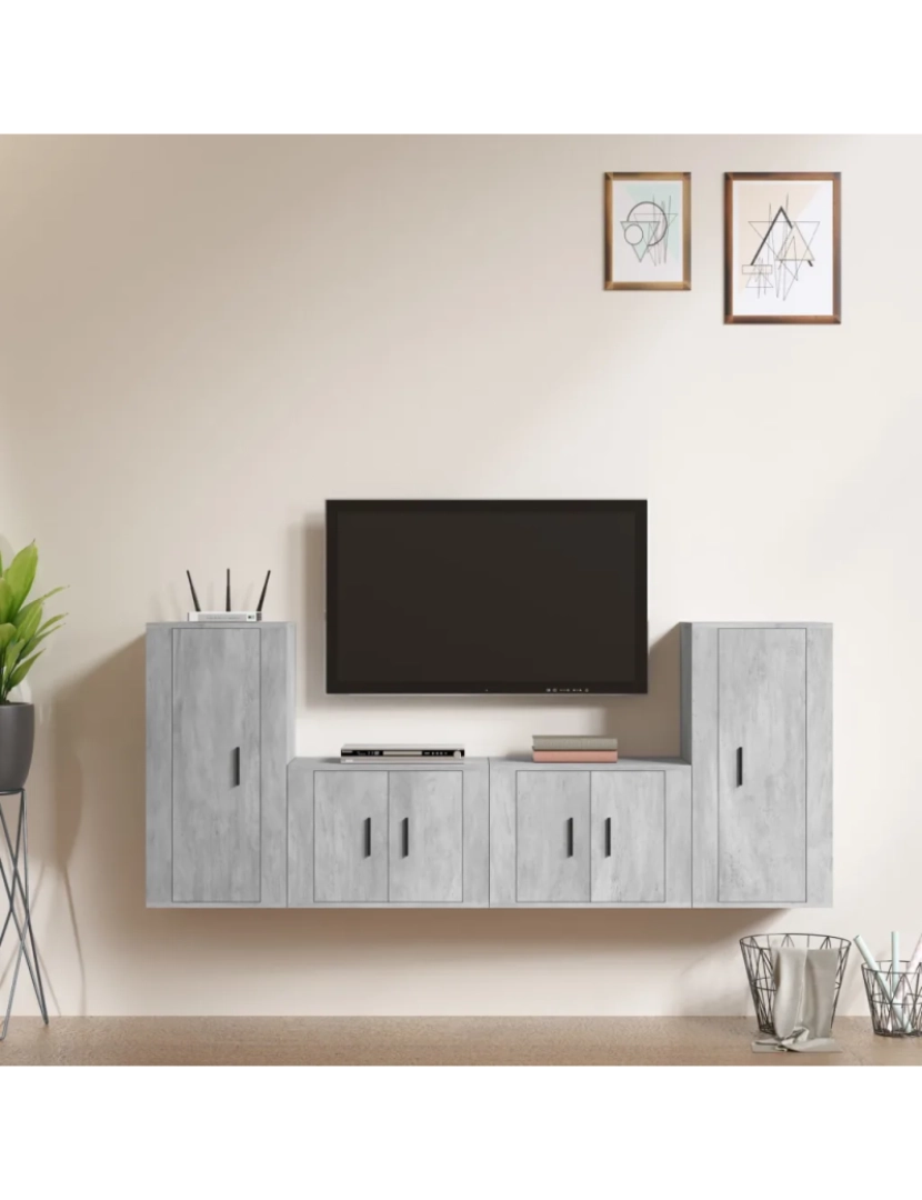 imagem de 4 pcs Conjunto móveis de TV，Mobiliário TV de Salon，Combinação Móvel TV madeira processada cinzento cimento CFW7368161