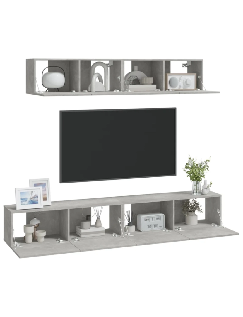imagem de 4 pcs Conjunto móveis de TV，Mobiliário TV de Salon，Combinação Móvel TV madeira processada cinzento cimento CFW9579507