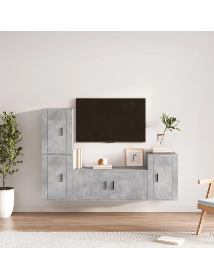 imagem de 4 pcs Conjunto móveis de TV，Mobiliário TV de Salon，Combinação Móvel TV madeira processada cinzento cimento CFW4910931