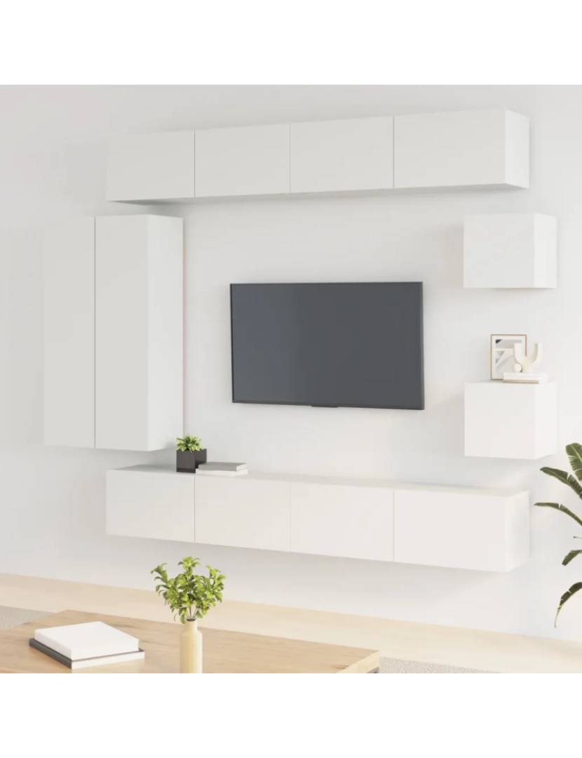 imagem de 8 pcs Conjunto móveis de TV，Mobiliário TV de Salon，Combinação Móvel TV madeira processada branco CFW2034721