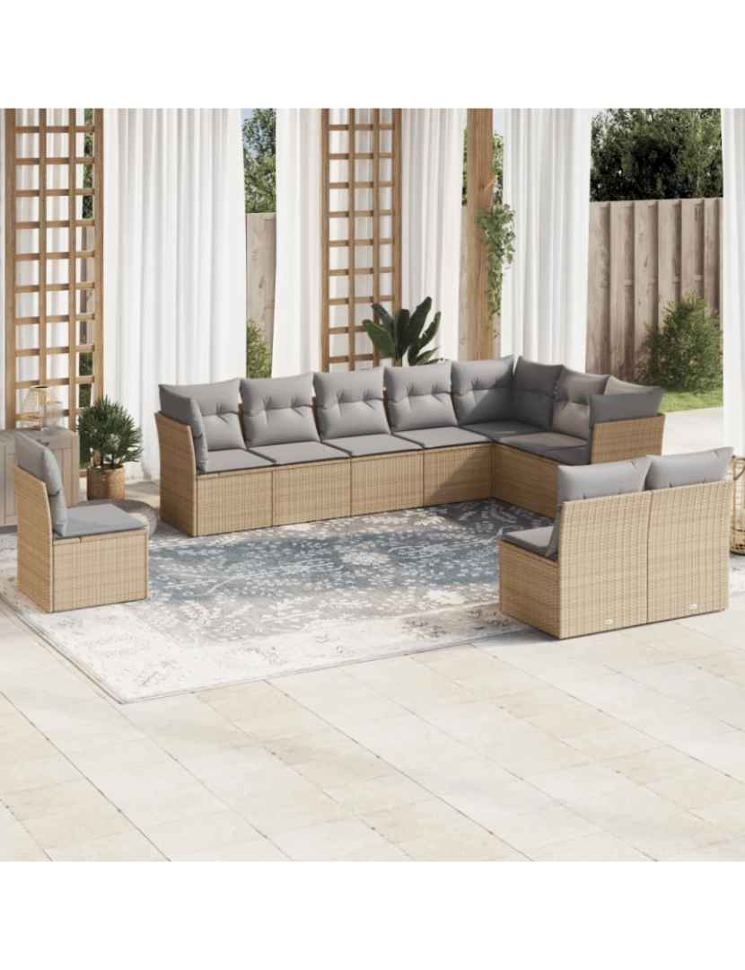 imagem de 10 pcs conjunto de sofás p/ jardim，Conjuntos Relax Jardim com almofadões vime PE bege CFW3095431