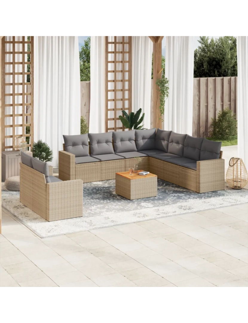 Vidaxl - 10 pcs conjunto de sofás p/ jardim，Conjuntos Relax Jardim com almofadões vime PE bege CFW423802