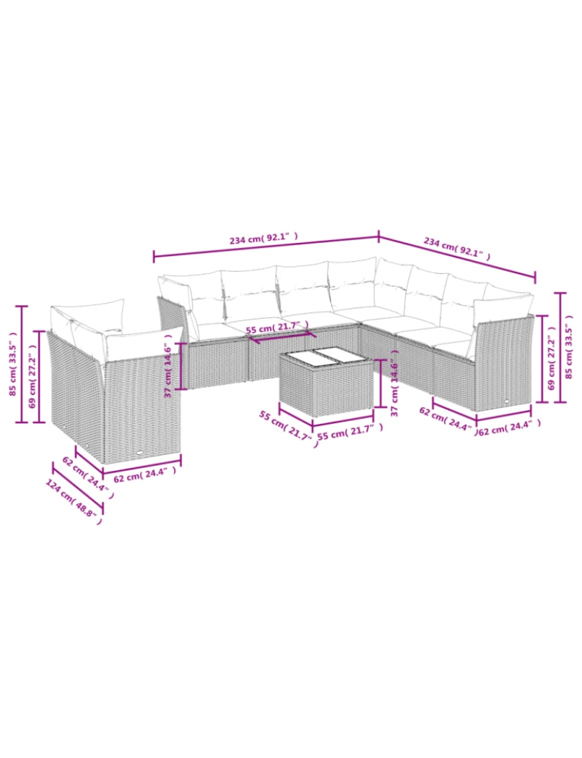 imagem de 10 pcs conjunto de sofás p/ jardim，Conjuntos Relax Jardim com almofadões vime PE bege CFW5386513