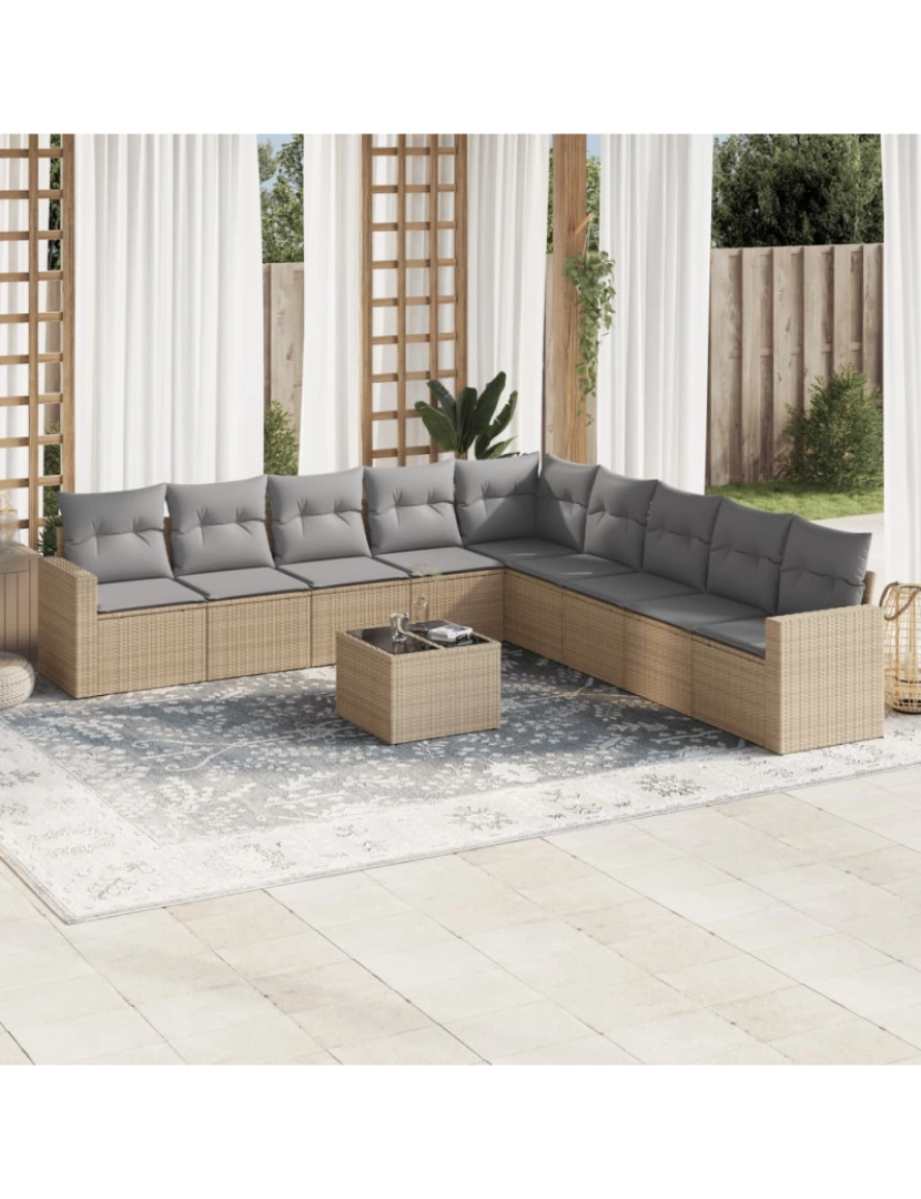 imagem de 10 pcs conjunto de sofás p/ jardim，Conjuntos Relax Jardim com almofadões vime PE bege CFW5921941