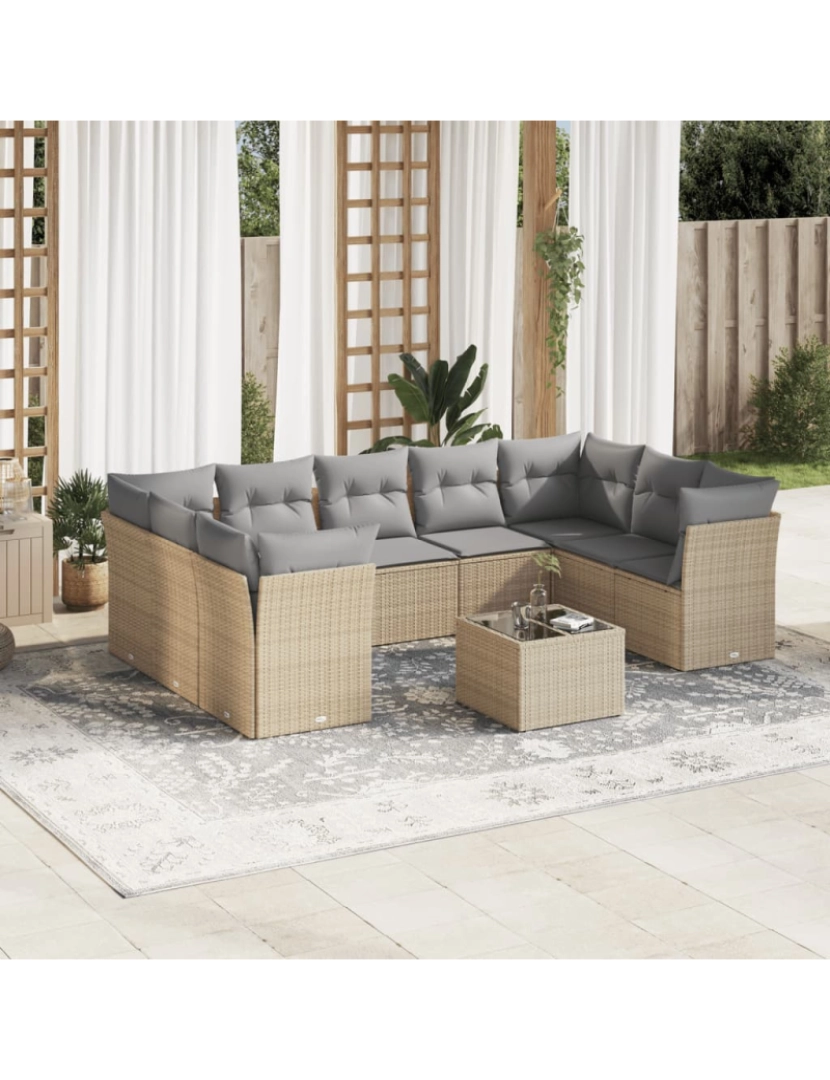 imagem de 10 pcs conjunto de sofás p/ jardim，Conjuntos Relax Jardim com almofadões vime PE bege CFW8744451