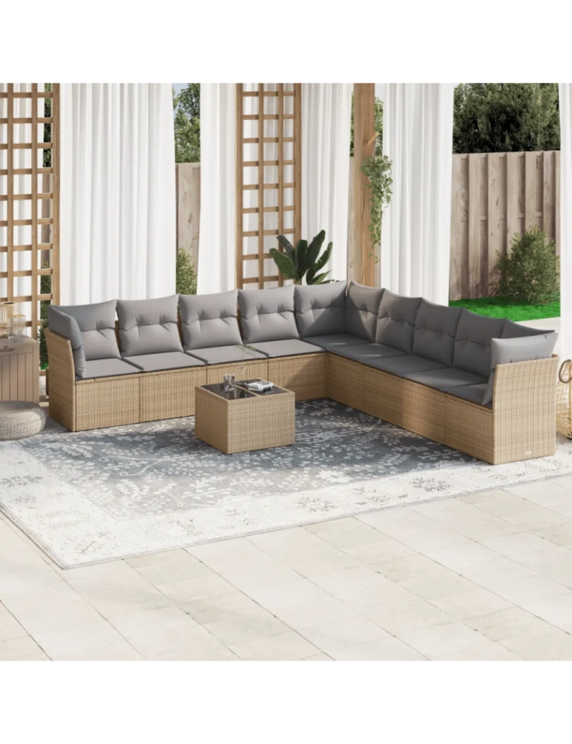imagem de 10 pcs conjunto de sofás p/ jardim，Conjuntos Relax Jardim com almofadões vime PE bege CFW9707601