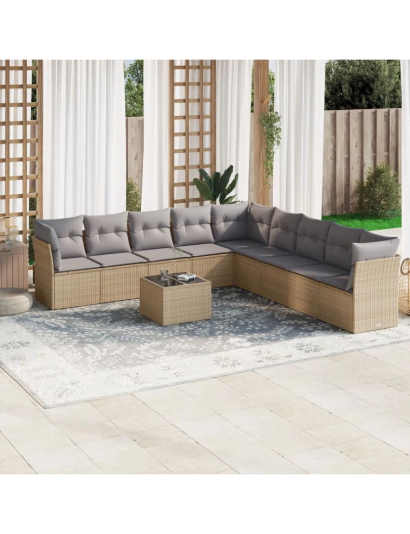 imagem de 10 pcs conjunto de sofás p/ jardim，Conjuntos Relax Jardim com almofadões vime PE bege CFW5844801