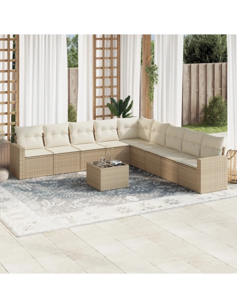 imagem de 10 pcs conjunto de sofás p/ jardim，Conjuntos Relax Jardim com almofadões vime PE bege CFW4607341