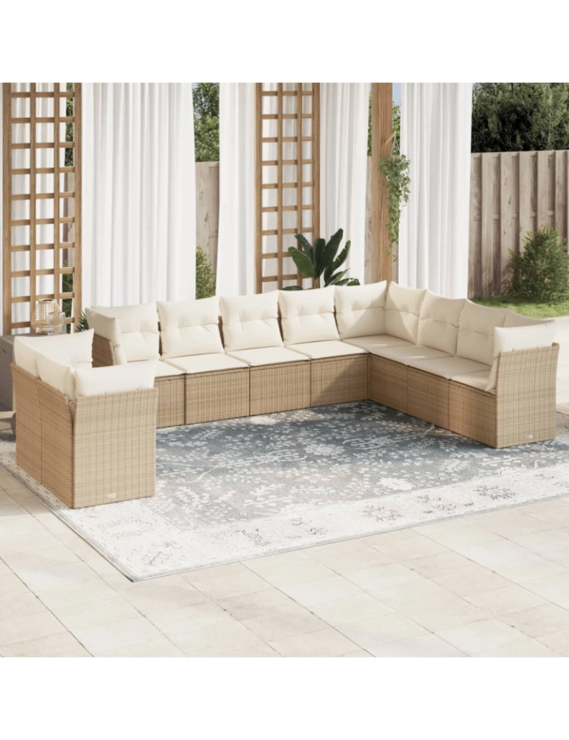 imagem de 10 pcs conjunto de sofás p/ jardim，Conjuntos Relax Jardim com almofadões vime PE bege CFW7686571