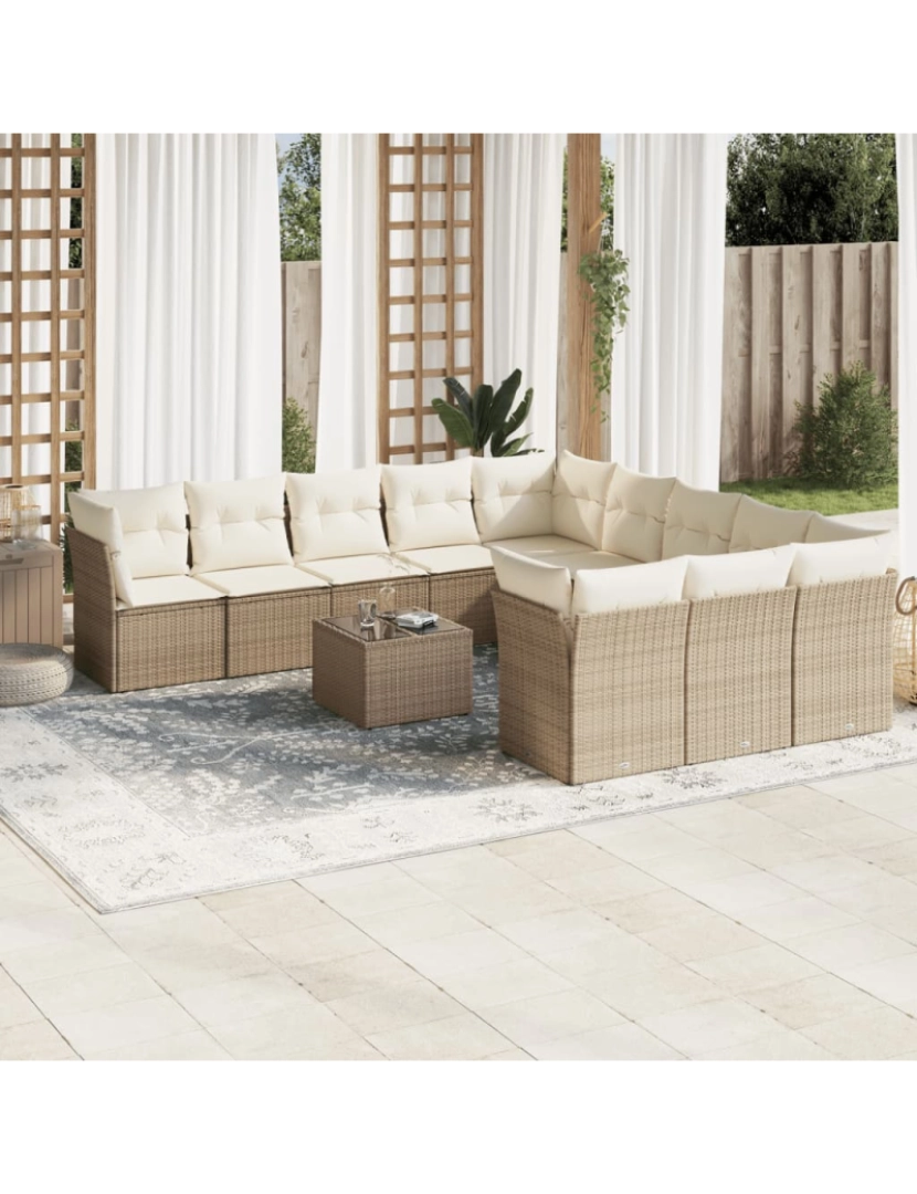 imagem de 12 pcs conjunto de sofás p/ jardim，Conjuntos Relax Jardim com almofadões vime PE bege CFW9439321