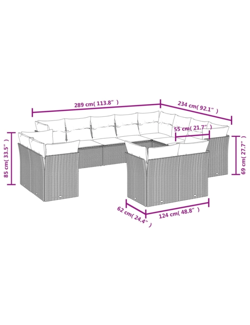 imagem de 12 pcs conjunto de sofás p/ jardim，Conjuntos Relax Jardim com almofadões vime PE bege CFW8105123