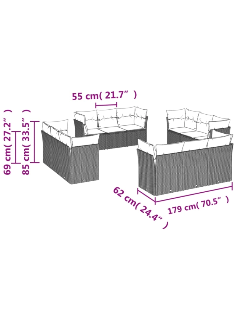 imagem de 12 pcs conjunto de sofás p/ jardim，Conjuntos Relax Jardim com almofadões vime PE bege CFW4826243