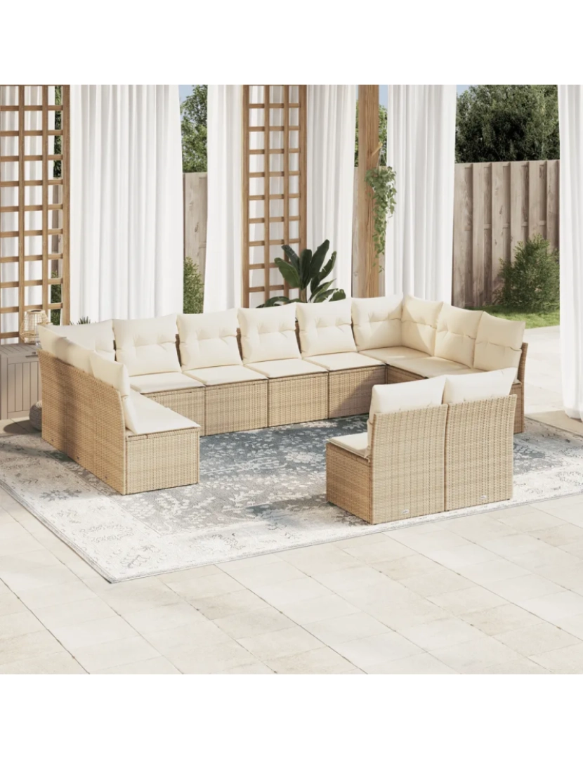 imagem de 12 pcs conjunto de sofás p/ jardim，Conjuntos Relax Jardim com almofadões vime PE bege CFW4865871