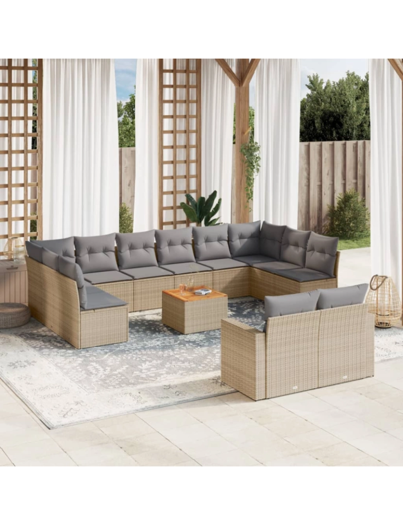 imagem de 13 pcs conjunto de sofás p/ jardim，Conjuntos Relax Jardim com almofadões vime PE bege CFW7430441
