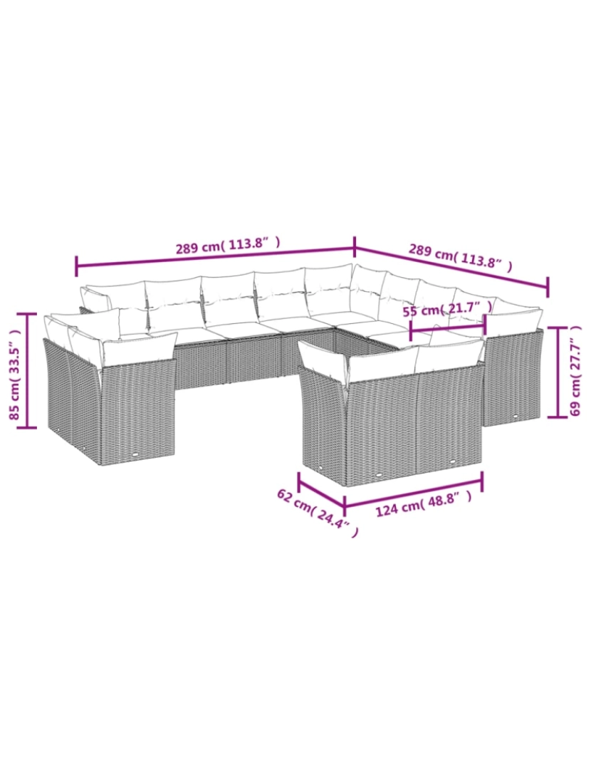 imagem de 13 pcs conjunto de sofás p/ jardim，Conjuntos Relax Jardim com almofadões vime PE bege CFW8762103