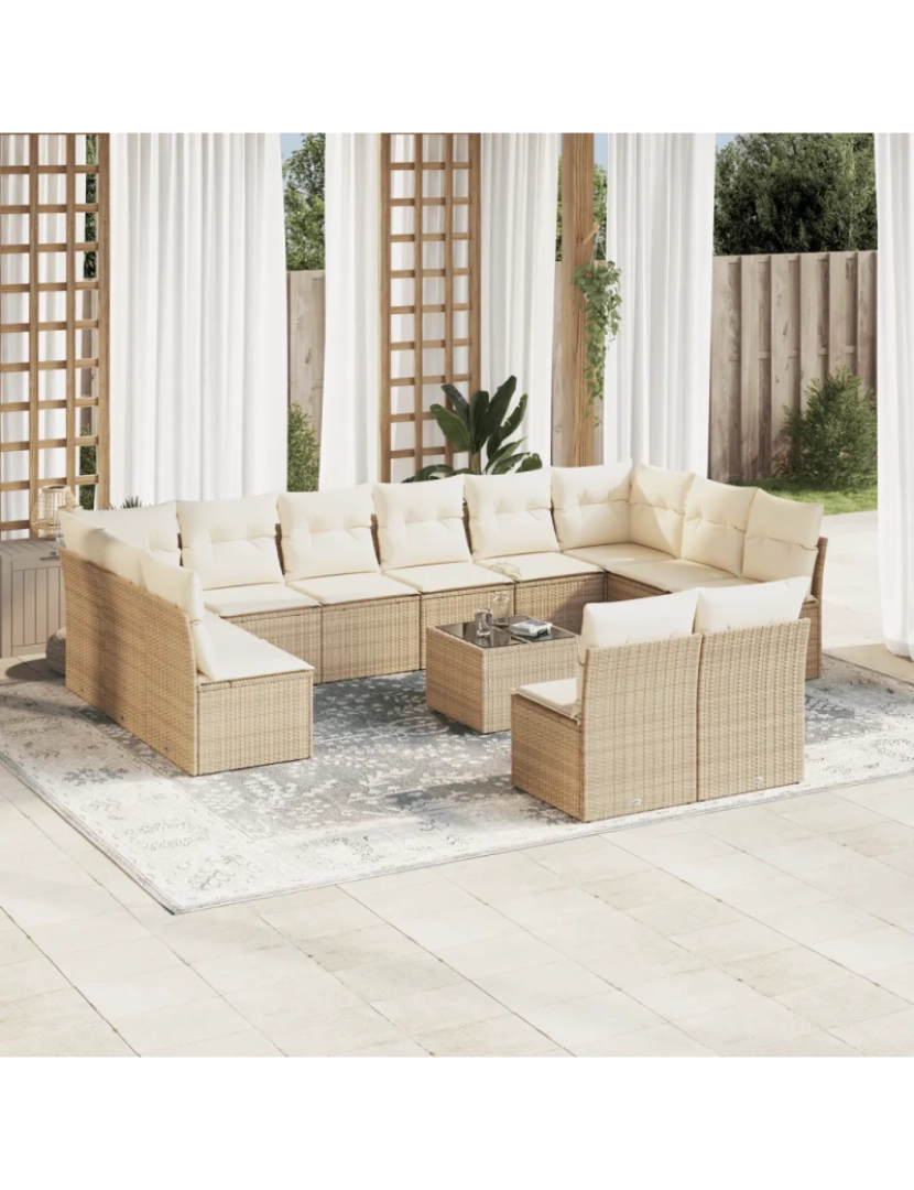 imagem de 13 pcs conjunto de sofás p/ jardim，Conjuntos Relax Jardim com almofadões vime PE bege CFW4876541