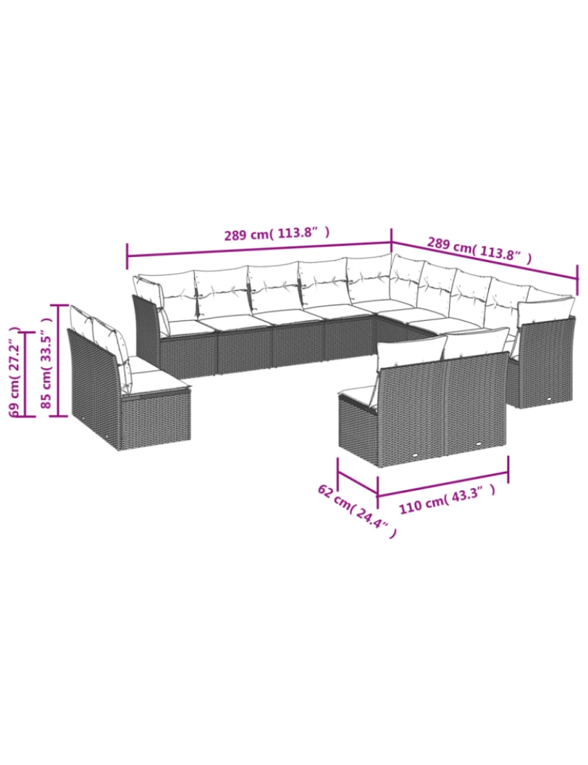 imagem de 13 pcs conjunto de sofás p/ jardim，Conjuntos Relax Jardim com almofadões vime PE bege CFW5996363