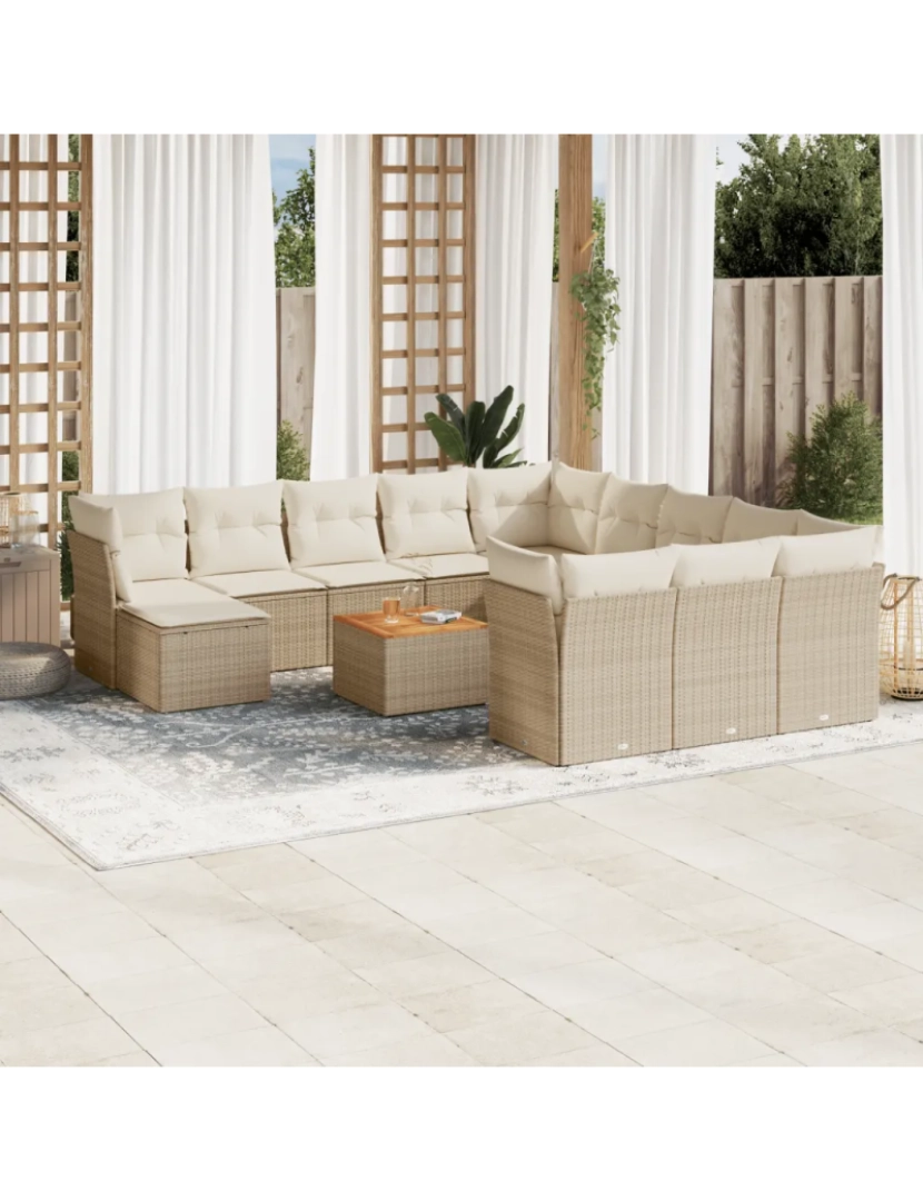 imagem de 13 pcs conjunto de sofás p/ jardim，Conjuntos Relax Jardim com almofadões vime PE bege CFW4315771