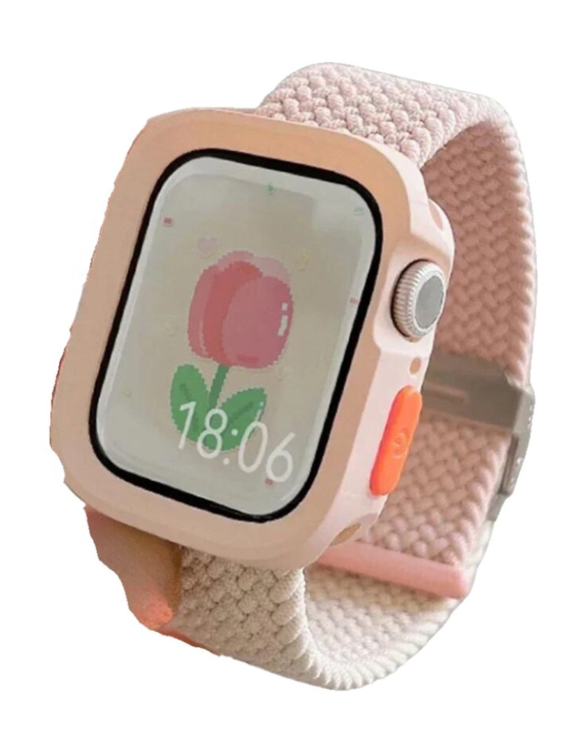 imagem de Pack Capa + bracelete tecido trançado Apple Watch SE 44mm Rosa e Branco1