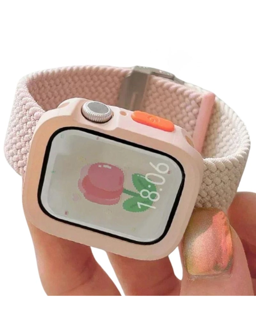 imagem de Pack Capa + bracelete tecido trançado Apple Watch SE 44mm Rosa e Branco2