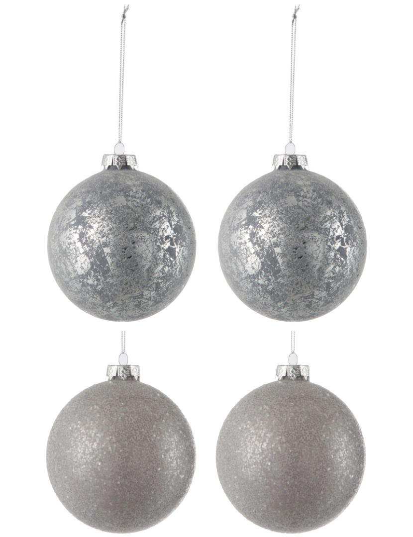 J-Line - Caixa J-Line de 4 bolas de Natal 2 lantejoulas + 2 vidro antigo cinzento