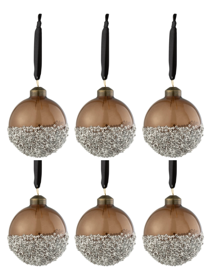 J-Line - J-Line caixa 6 bolas de Natal contas de prata de vidro marrom pequeno