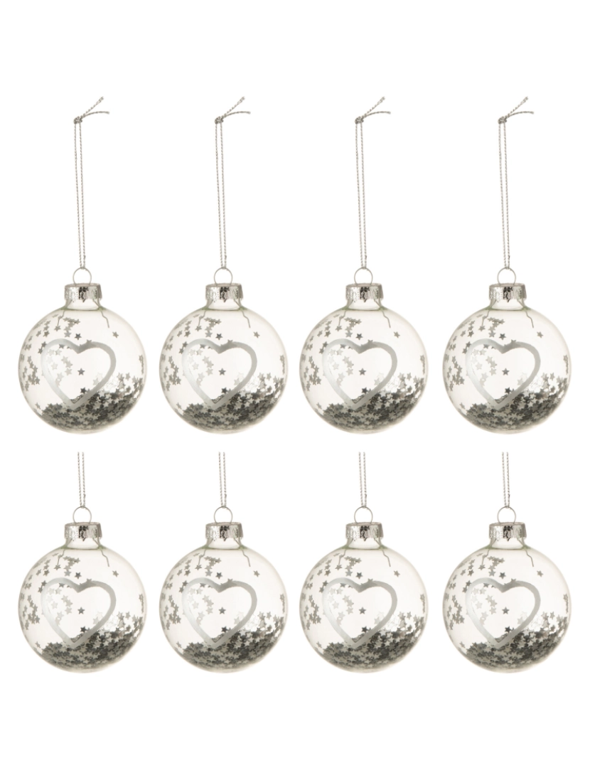 J-Line - Caixa J-Line de 8 bolas de Natal Vidro de coração transparente Prata pequeno