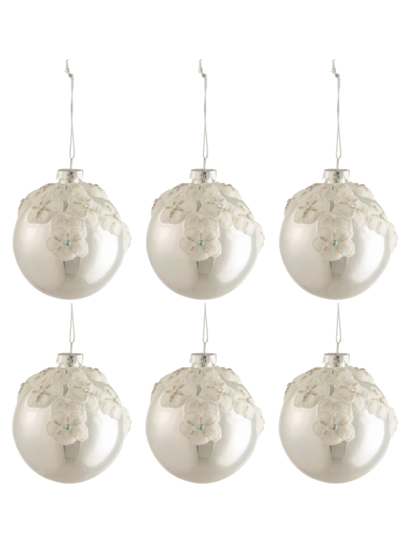 J-Line - Caixa J-Line de 6 bolas de flores de Natal Vidro de prata brilhante pequeno