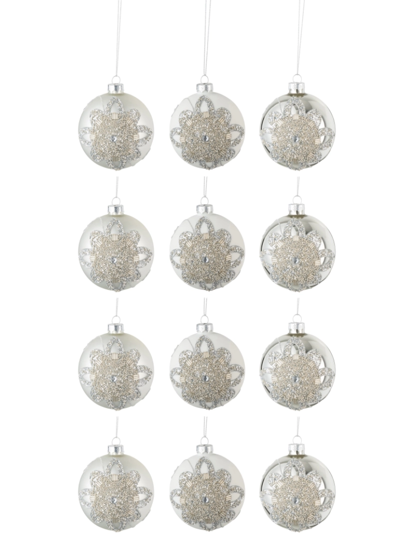 J-Line - Caixa J-Line de 12 bolas de Natal 4 + 4 + 4 + 4 grânulos de ornamento Tapete de vidro branco/prateado mate/prateado dourado pequeno