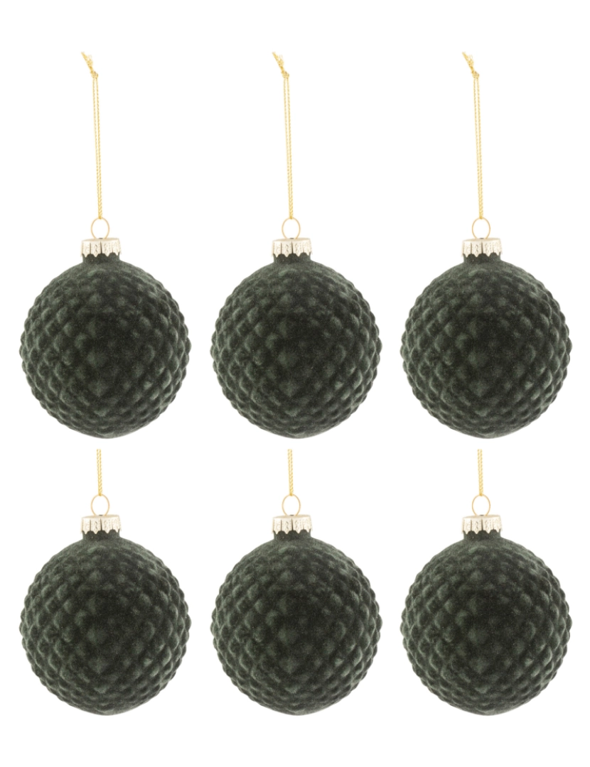 J-Line - Caixa J-Line de 6 bolas de Natal padrão Velvet vidro verde Fonce pequeno