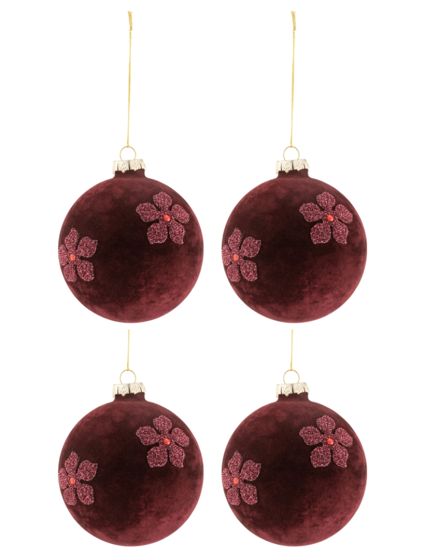 J-Line - Caixa J-Line de 4 bolas de Natal Flores Velvet vidro Borgonha Médio