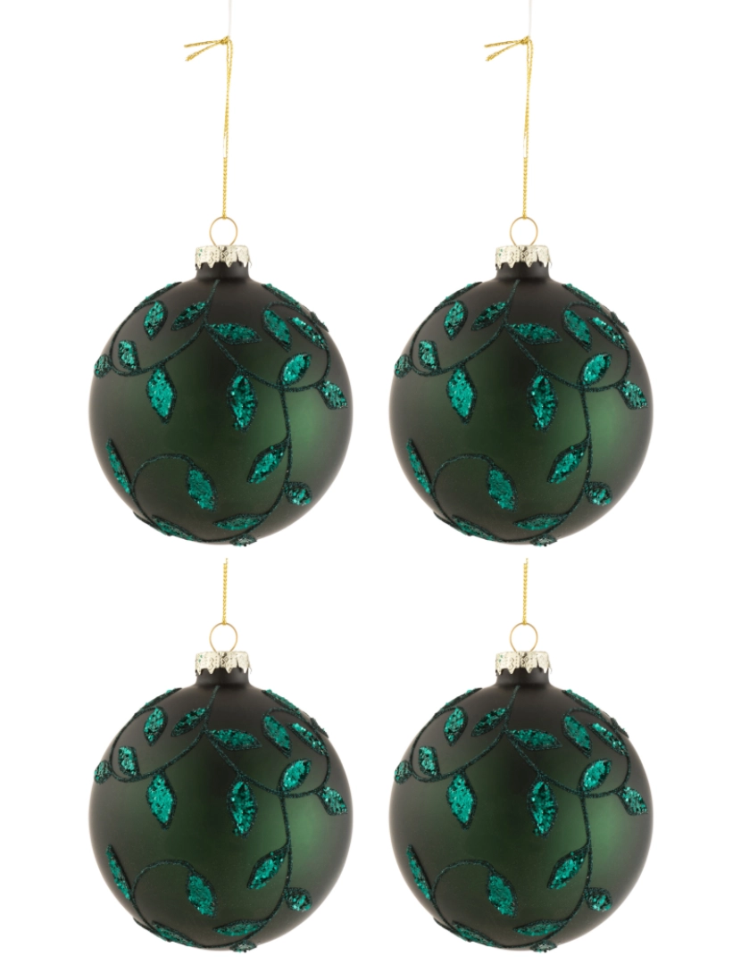 J-Line - Caixa J-Line de 4 bolas de Natal Folhas Lantejoulas de vidro verde Mat Médio