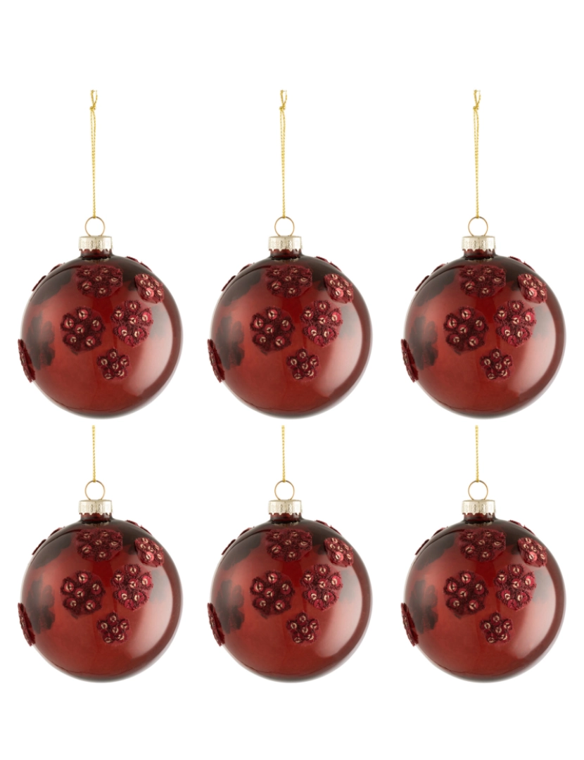 J-Line - Caixa J-Line de 6 bolas de Natal Flores vidro Borgonha pequeno
