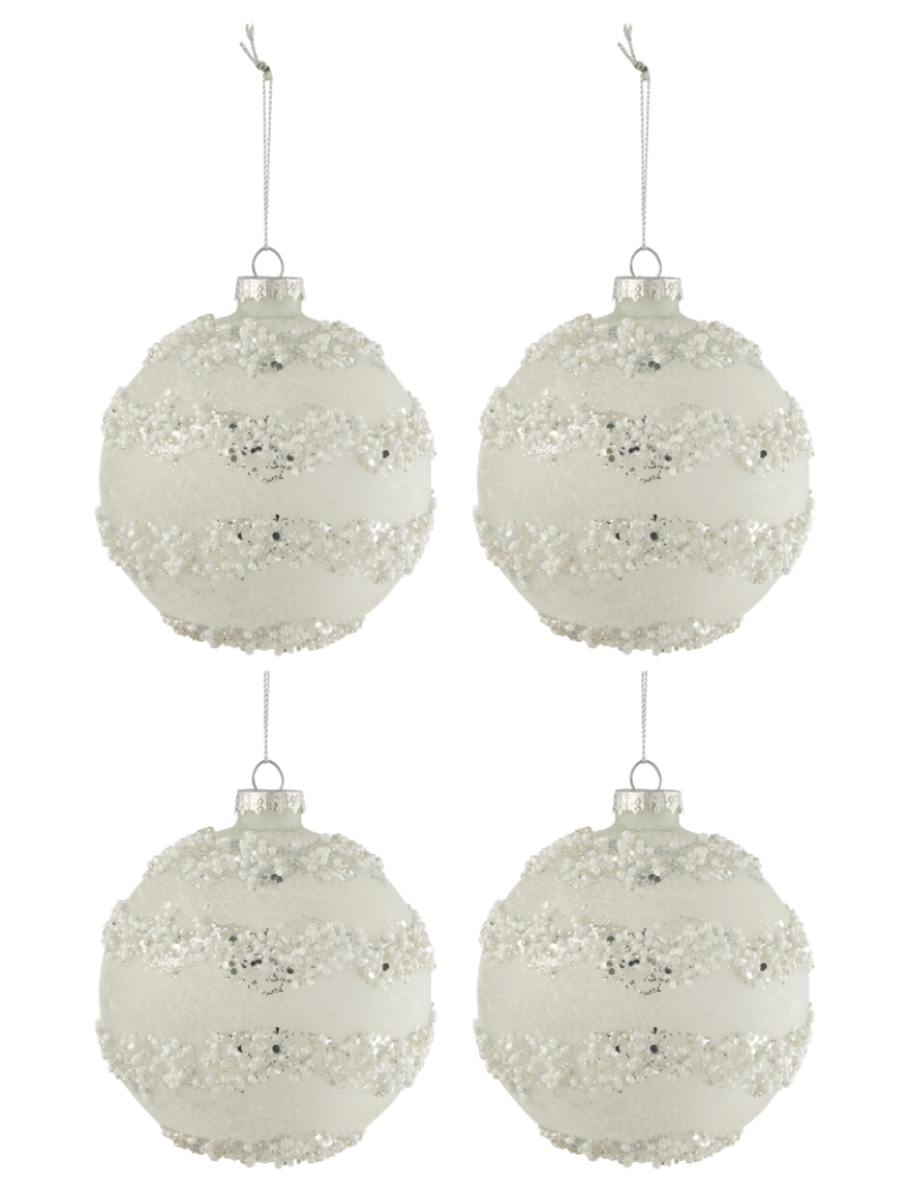 J-Line - J-Line Box 4 linhas de bolas de Natal lantejoulas + grânulos Branco/prata de vidro Mat Branco Médio