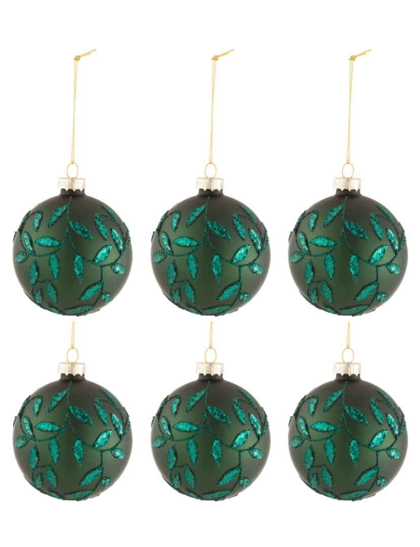 J-Line - Caixa J-Line de 6 bolas de Natal Folhas lantejoulas verde tapete de vidro pequeno